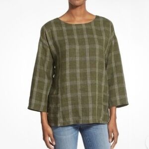 Eileen Fisher Catalan Organic Linen Plaid Shirt L